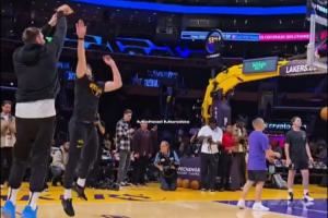 调皮😂！东契奇赛前热身：来防我呀！然后调高弧度三分空心命中